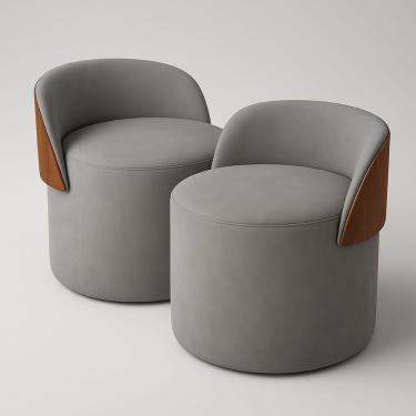 Imagem de Kit 2 Puff Redondo Curvo Orgânico Com Encosto Confortável Resistente Composé Suede Corino Suede Cinza