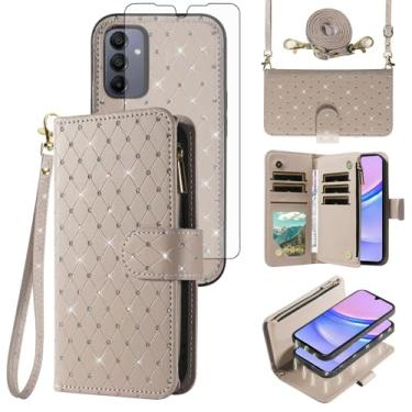 Imagem de Asuwish Compatível com Samsung Galaxy A15 5G/4G capa carteira com zíper celular protetor de tela de vidro temperado alça transversal alça flip glitter suporte cartão capa de telefone para A 15 G5 15A