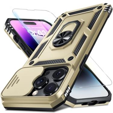 Imagem de Janmitta Capa para iPhone 15 Capa de telefone embutida para lente de câmera deslizante + protetor de tela, capa de telefone de corpo inteiro resistente à prova de choque com suporte de anel de dedo