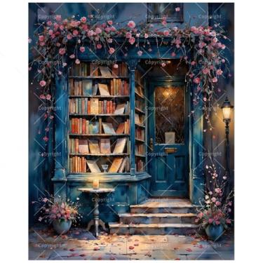 Imagem de Kit de pintura floral aconchegante por números para adultos - Pintura de entrada de livraria vintage DIY em tela 30 x 40 cm, conjunto de tinta acrílica emoldurada, adequado para iniciantes, arte para