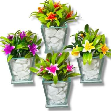 Imagem de Kit de Arranjos Mini Lírio Variado no Vaso de Vidro + Pedras Brancas arranjo de flores artificiais com vaso，arranjo de mesa de jantar(VARIADOS,4 UNIDADES)