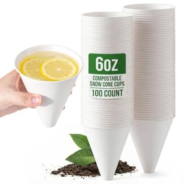 Imagem de Roshtia Copos descartáveis de cone de neve de 100 ml, biodegradáveis, à prova de vazamento, copos de sorvete raspado, bagaço de cana, acessórios de máquina de fazer cone de neve para festa, escritório