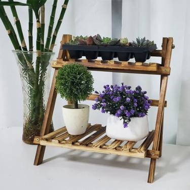 Imagem de AkosOL Suporte de plantas, suporte de mesa, prateleira de madeira, prateleiras dobráveis de armazenamento, multifuncional, suporte de vaso de flores, suporte de vaso de jardinagem moderno, simples, P