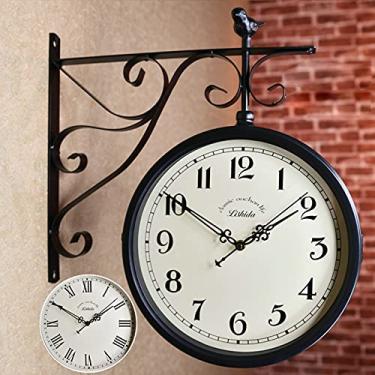 Imagem de AkosOL Relógios de parede vintage clássico estação relógio de parede retrô dupla face relógio de parede relógio externo com suporte relógio de parede de jardim - relógios de parede decorativos