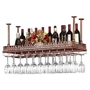 Imagem de AkosOL Prateleiras de vinho de teto, altura ajustável, suporte de garrafa de vinho pendurado na parede, rack de metal de ferro para copos de vinho, suporte de taças de taça, prateleira de exibição de