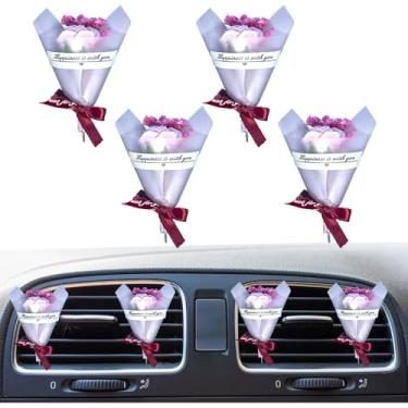 Imagem de 4 peças pequeno buquê de clipes de ventilação para aromatizador de ar para carro, mini ramo de flores de rosas secas, saída de condicionamento, decoração de perfume, difusor de óleo essencial, clipe