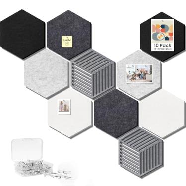 Imagem de Quadros de avisos hexagonais de cortiça para decoração de paredes, pacote com 10 placas de feltro com 40 pinos, quadro de exibição de fotos para decoração de escritório e sala de aula em casa