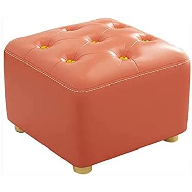 Imagem de Descanso de pés elegante laranja otomano com botão dourado, assento de couro pequeno pufe cubo para sala de estar, 30 x 30 x 30 cm, móveis de destaque perfeito para conforto e estilo
