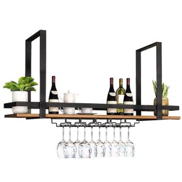 Imagem de Prateleira de montagem no teto, rack de vinho suspenso com suporte de vidro, prateleiras flutuantes industriais rack de armazenamento de bar, rack organizador suspenso, para cozinha, café, sala de