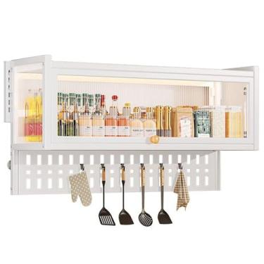 Imagem de Rack de micro-ondas montado na parede – Organizador multifuncional de armazenamento de cozinha sem perfuração, prateleira de temperos com ponta para armário, ideal para uso na sala de estar e no