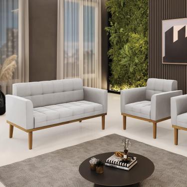 Imagem de Conjunto Poltrona e Namoradeira Decorativas Karen Pés Fixo em Madeira Castanho Veludo Cinza G19 - Gran Belo