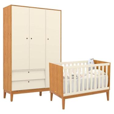 Imagem de Berço Americano e Guarda Roupa Unique 3 Portas Freijó Off White Eco Wood - Matic