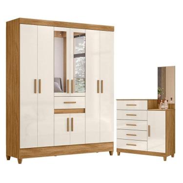 Imagem de Guarda Roupa Casal Portugal com Espelho e Cômoda Lisboa Freijó Off White – Moval