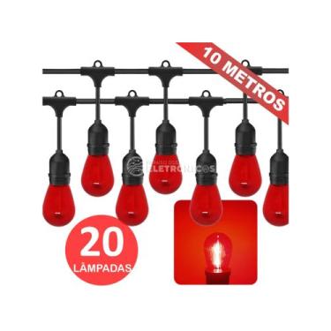 Imagem de Varal de Luzes Vermelho 10m, Soquetes E27, Plug Interligável e Lâmpada