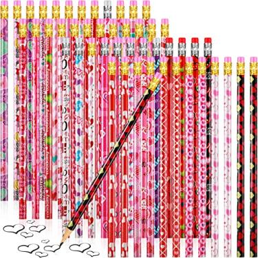 Imagem de 48 peças lápis de dia dos namorados para crianças, lápis de dia dos namorados com borracha desenho animado coração lápis de madeira para festa de namorados escola em casa