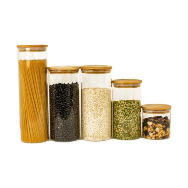 Imagem de Kit 5 Potes De Vidro Tampa Bambu 2000/1650/1100/500Ml