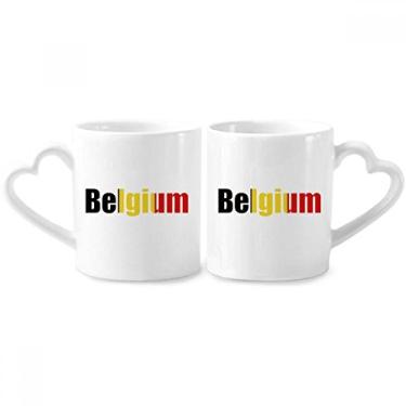Imagem de Conjunto de canecas de porcelana para casais com nome da bandeira do país da Bélgica com alça de coração