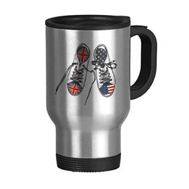 Imagem de Sapatos de lona com estampa de bandeira dos EUA Reino Unido Caneca de viagem Tampa Flip Copo de carro Copo térmico