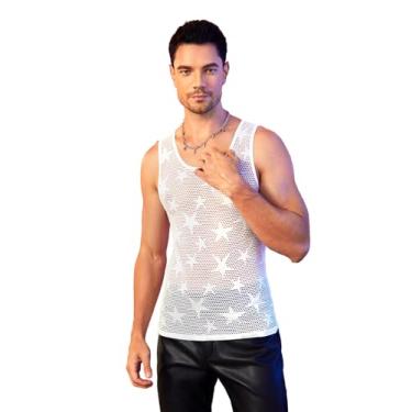 Imagem de WDIRARA Camiseta regata masculina Star Fishnet transparente de malha sem mangas camiseta regata transparente, Branco, G