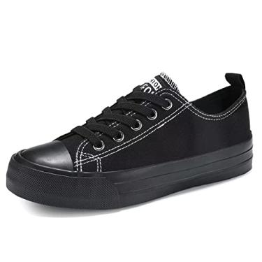 Imagem de DSWED Tênis infantil para meninos e meninas sapatos de lona casuais leves tênis clássico com alça ajustável, Todo preto 02, 1 Little Kid