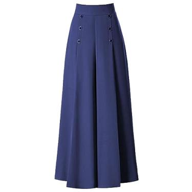 Imagem de Calças de perna reta para mulheres moda plissada calças largas femininas primavera e verão cintura alta solta fina média, Azul marino, GG