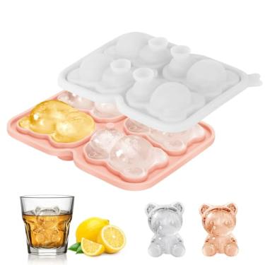 Imagem de Bandeja de silicone para cubos de gelo, moldes grandes para cubos de gelo Bear 3D para uísque, coquetéis, vinho, suco e bourbon, 4 bandejas de gelo grandes e fofas de animais para freezer com tampa de