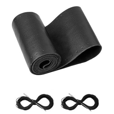 Imagem de BELINOUS Capa de volante de couro com cadarço, costura no envoltório, ajuste universal 33-66 cm carro caminhão SUV pickup barco, um pedaço inteiro de couro bovino, ponto faça você mesmo com linha de agulha (tamanho M0, preto)