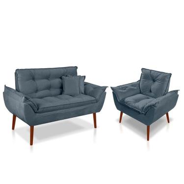 Imagem de Kit 01 Poltrona Opala + 01 Namoradeira Opala + 02 Almofadas Suede Azul Turquesa