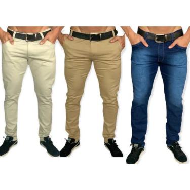 Imagem de Kit 3 Calça Jeans Masculina Slim Com Lycra Caqui Em Sarja Skinny - Emp