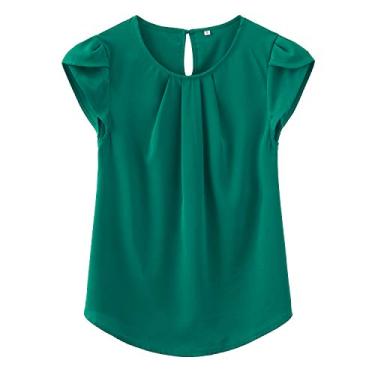Imagem de TASAMO blusa feminina casual de chiffon com gola redonda básica plissada e manga curva, A - Dark Green, Large