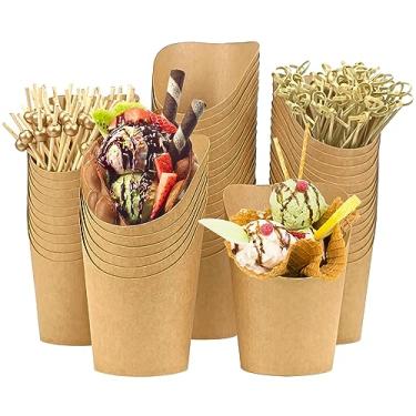 Imagem de QPEY [50 xícaras + 100 palitos de copos de charcutaria Kraft de 400 ml com palitos de coquetel, porta-batatas fritas, cones de batatas fritas, copos descartáveis de aperitivo de papel para todas as