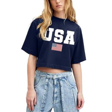 Imagem de Camiseta feminina com bandeira americana patriótica de 4 de julho camiseta manga curta Memorial Day camiseta cropped para meninas, #03 - Azul escuro, GG
