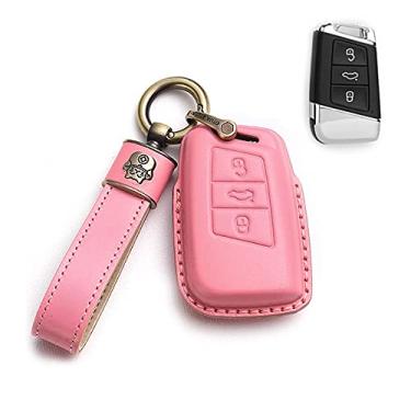 Imagem de HIBEYO Capa para chave de carro VW para Volkwagen Passat B8 Golf Gte Jetta Skoda Superb A7 Kodiaq 3 botões 2020 2021 chaveiro remoto protetor de couro inteligente chaveiro chaveiros rosa