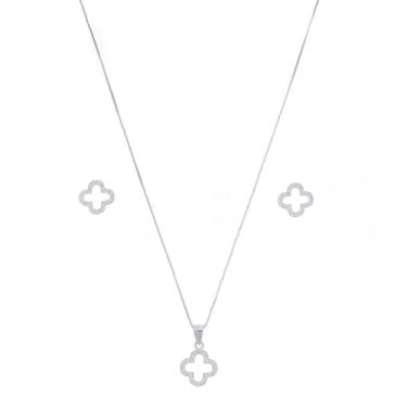 Imagem de Colar Feminino De 45cm Prata 925 Conjunto Brinco Trevo Cravejado