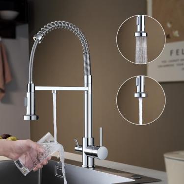 Imagem de KINKIB Torneira de cozinha 3 em 1 com torneira de água potável, torneira de cozinha com torneira de filtro de água, torneira de cozinha de arco alto de furo único de alça dupla, cromada