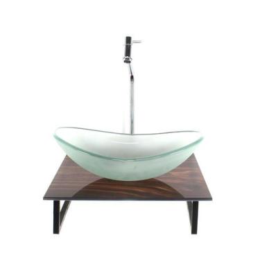 Imagem de Kit cuba de vidro oval 10mm jateada com tampo de vidro 40cm x 40cm mad