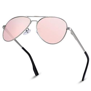 Imagem de NULOOQ Óculos de sol polarizados aviador pequeno para rosto pequeno, mulheres, homens, jovens e crianças, armação pequena de 52 mm, B4* Espelhado prata/rosa, Lenswidth