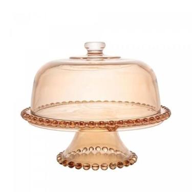 Imagem de Boleira Prato Para Bolo Cristal Com Pe e Tampa Pearl Ambar - WOLFF