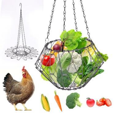 Imagem de Alimentador de frango para pendurar, brinquedos de galinha para galinheiro, cesta grande dobrável para alimentador de frutas e vegetais com corrente suspensa, alimentador de pintinhos para