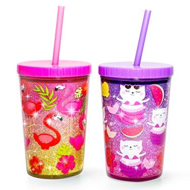 Imagem de Home Tune Copo infantil de 400 ml – Sem BPA, com tampa de canudo, reutilizável, leve, à prova de derramamento, com design fofo para meninas e meninos – Pacote com 2 sereias de flamingo e gatinho