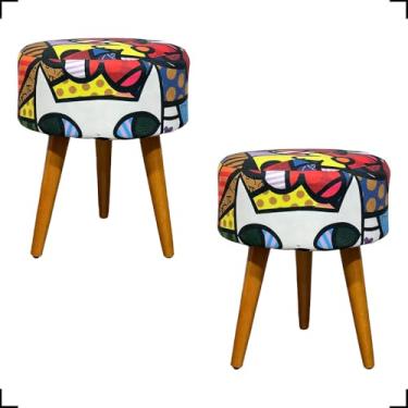 Imagem de Kit 2 Puff Decorativo Redondo Para Sala Pé Palito Castanho Suede Estampado (Romero Brito)