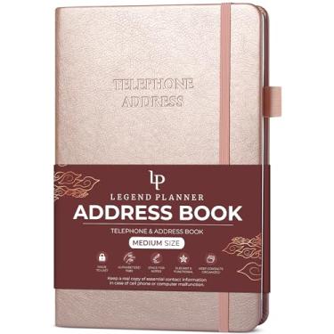 Imagem de Legend Planner Livro de endereços com abas alfabéticas – Livro de contatos telefônicos para números de telefone, endereços, senhas, médio (ouro rosa)