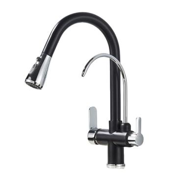 Imagem de Torneira de cozinha cromada purificada, montada no deck, filtro de água pura, pia, rotação de 360 graus, torneira misturadora de água quente e fria, cromada preta