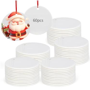Imagem de 60 peças de ornamentos de cerâmica de sublimação de 7,6 cm, discos redondos em branco para prensa térmica, ornamentos de porcelana branca dupla face com cordão de ouro para DIY personalizado de Natal