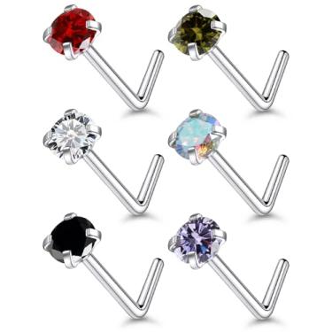 Imagem de Qiwnswoy Anéis de nariz de titânio de aço inoxidável 18G, 20G, 22G, para mulheres, em forma de L, sem piercing de nariz, joia para mulheres e homens, prata, ouro, preto, Metal Cristal, Zircônia cúbica