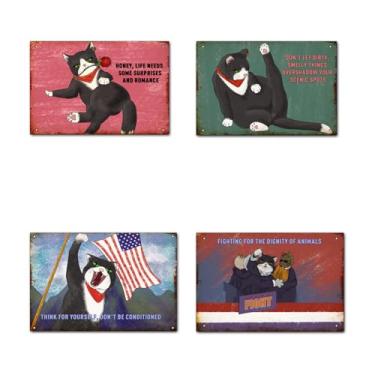Imagem de Pôster de arte de parede com tema de gato vintage original de quatro peças, Life Needs Some Supprises and Romance Funny Retro Classic Art Wall Decoration, Garagem/Man Cave/Room Tin Metal Signs Artwork