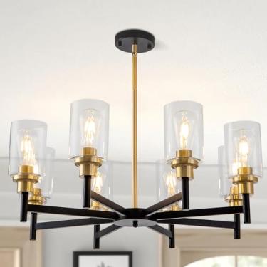 Imagem de HCCZ Lustre De Ouro De 8 Luzes Para Luminárias De Sala De Jantar, Lustre Moderno De Fazenda Em Latão Preto E Escovado, Iluminação Pendente Industrial Para Sala De Estar, Cozinha Com Cúpula De Vidro