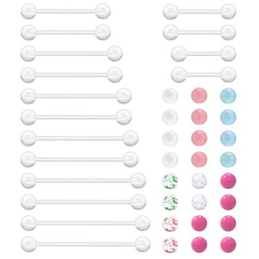 Imagem de Dyknasz Anéis de mamilo de plástico para cirurgia, joias industriais, transparentes, 14 g, anéis de língua de plástico, barra longa, piercings de mamilo, para mulheres, comprimento da barra: