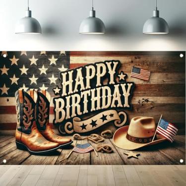 Imagem de Starlit Patio Pano de fundo de caubói ocidental faixa de feliz aniversário Wild West rústica celeiro de madeira fotografia para decoração de festa ocidental pano de fundo de rodeio para festa de