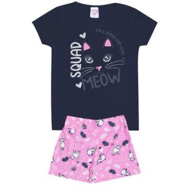 Imagem de Conjunto de Verão Infantil Feminino Blusa Azul e Shorts Rosa Gatinha -